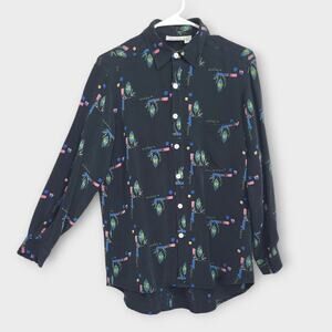 Chicos Button Up Blouse Womens M Silk Casual Artsy Abstract Floral Plants